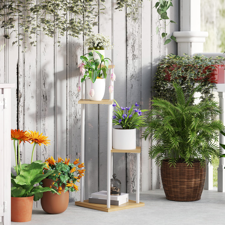 Suporte para Plantas de 4 Níveis Suporte para Vasos de Flores de Madeira e Aço com 4 Prateleiras Quadradas Suporte para Plantas para Interior e Exterior 53x42x85 cm Madeira e Branco