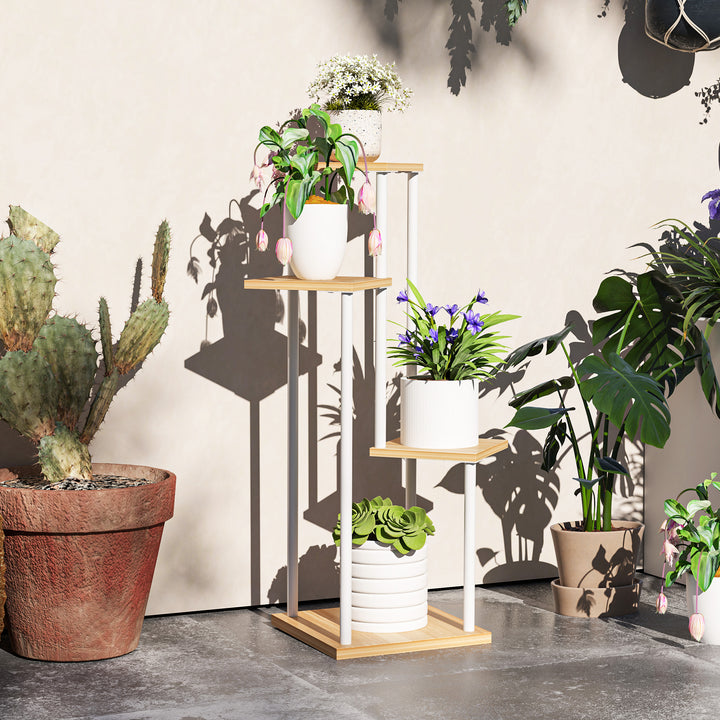 Suporte para Plantas de 4 Níveis Suporte para Vasos de Flores de Madeira e Aço com 4 Prateleiras Quadradas Suporte para Plantas para Interior e Exterior 53x42x85 cm Madeira e Branco