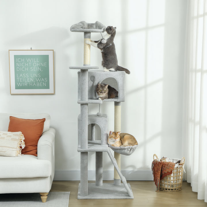 Arranhador para Gatos 180 cm Torre de Escalada com Múltiplas Plataformas Cama 2 Cavernas Rede Escada Postes de Sisal Bolas para Brincar Cinza