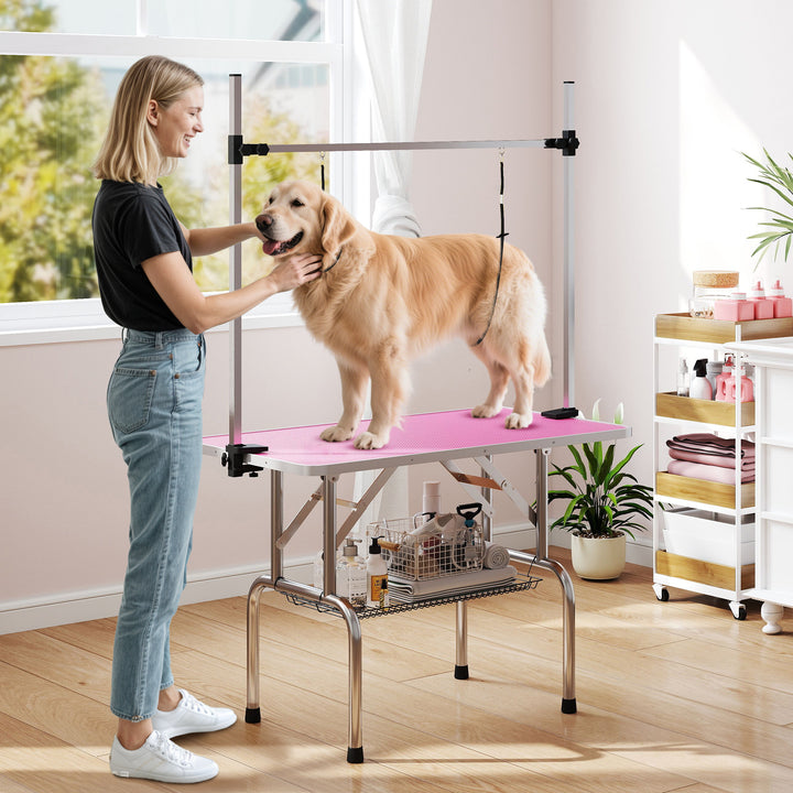 Mesa de Tosquia para Cães Dobrável Mesa de Higiene com Prateleira Metálica Superfície Antiderrapante Barra de Aço Inoxidável Ajustável para Cães e Gatos 107x60x164 cm Rosa