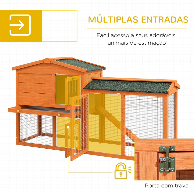 Coelheira de Madeira 150x45x85 cm Gaiola para Coelhos Grande com Telhado Asfáltico Bandeja Removível Escada e Ninho para Exterior Natural