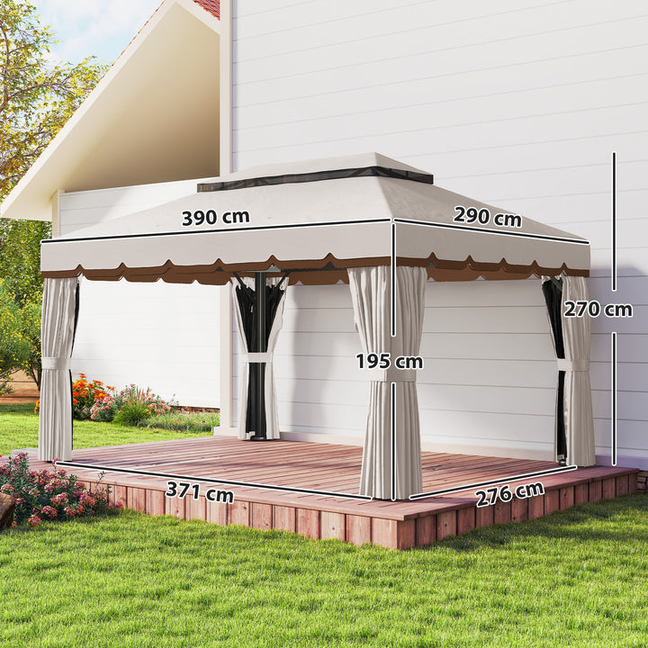 Pérgola de Jardim 390x290x270 cm Pérgola de Alumínio com Teto com Ventilação 4 Cortinas Laterais 4 Telas Mosquiteiras e 8 Orifícios de Drenagem para Festas Eventos Exterior Creme