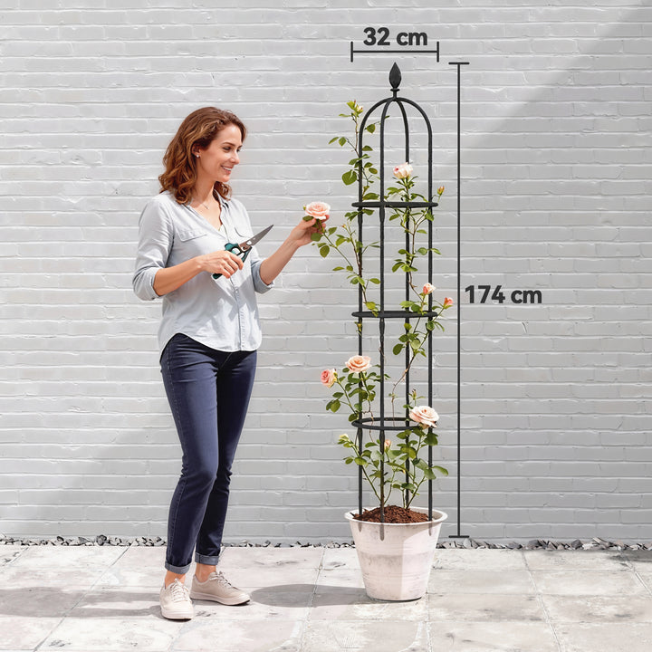 Conjunto de 2 Obeliscos de Jardim em Aço 1,74 m Treliças para Plantas Trepadeiras Rosas Frutas Legumes Suportes Decorativos para Exterior Pátio Terraço Preto