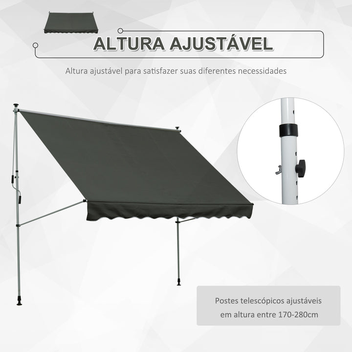 Toldo Manual Retrátil para Exterior 300x150x170-280cm Toldo Enrolável Altura Ajustável com Manivela Proteção Solar para Terraço Balcão Jardim Cinza