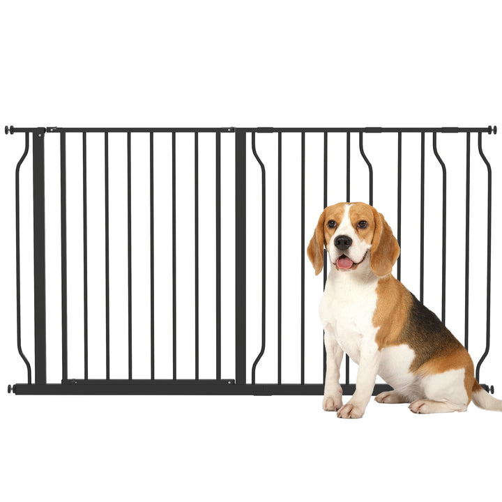 Barreira de Segurança para Cães Extensível com 3 Extensões Montagem a Pressão Duplo Bloqueio para Porta Corredor Escada 75-145x76 cm Preto