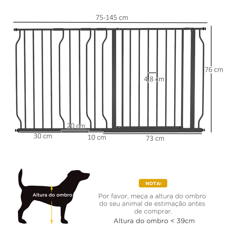 Barreira de Segurança para Cães Extensível com 3 Extensões Montagem a Pressão Duplo Bloqueio para Porta Corredor Escada 75-145x76 cm Preto