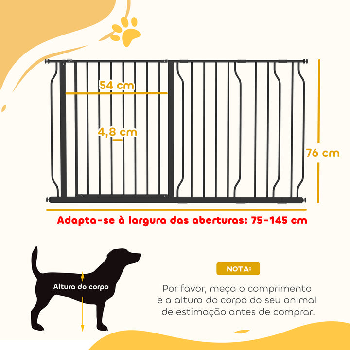 Barreira de Segurança para Cães Extensível com 3 Extensões Montagem a Pressão Duplo Bloqueio para Porta Corredor Escada 75-145x76 cm Preto