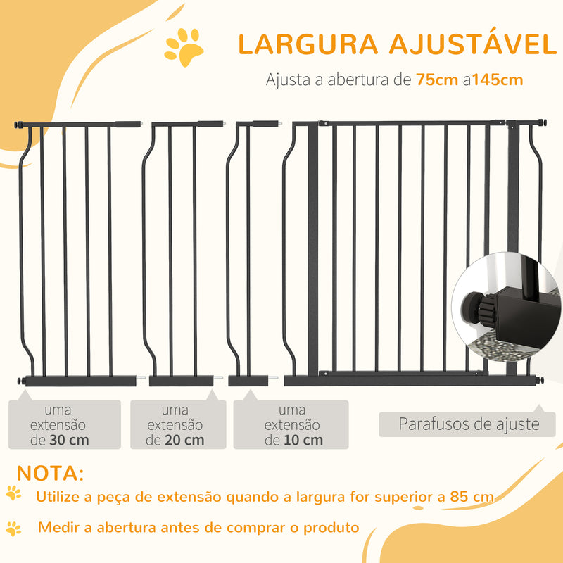 Barreira de Segurança para Cães Extensível com 3 Extensões Montagem a Pressão Duplo Bloqueio para Porta Corredor Escada 75-145x76 cm Preto