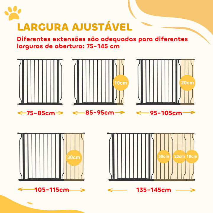 Barreira de Segurança para Cães Extensível com 3 Extensões Montagem a Pressão Duplo Bloqueio para Porta Corredor Escada 75-145x76 cm Preto