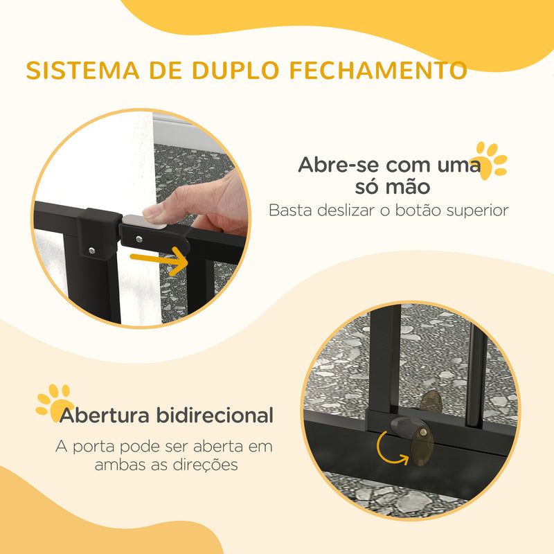 Barreira de Segurança para Cães Extensível com 3 Extensões Montagem a Pressão Duplo Bloqueio para Porta Corredor Escada 75-145x76 cm Preto