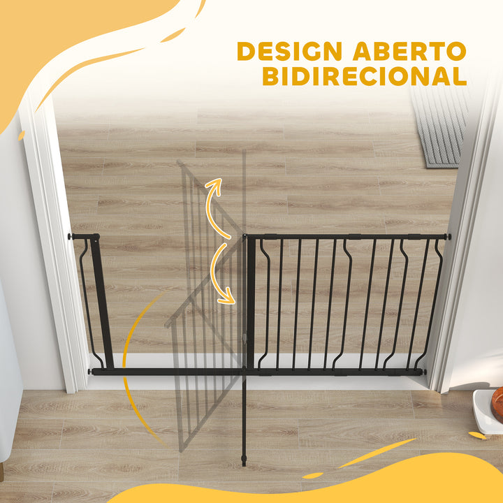 Barreira de Segurança para Cães Extensível com 3 Extensões Montagem a Pressão Duplo Bloqueio para Porta Corredor Escada 75-145x76 cm Preto