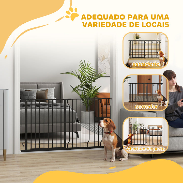 Barreira de Segurança para Cães Extensível com 3 Extensões Montagem a Pressão Duplo Bloqueio para Porta Corredor Escada 75-145x76 cm Preto