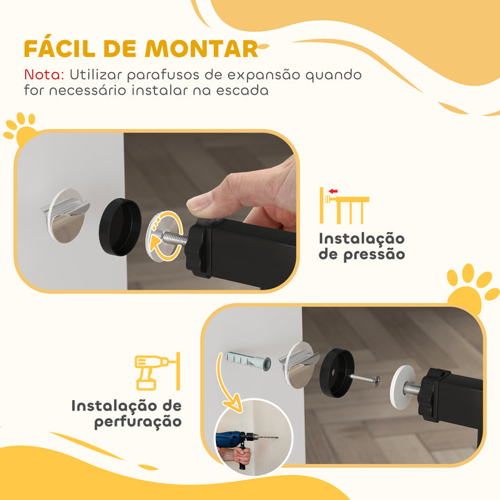 Barreira de Segurança para Cães Extensível com 3 Extensões Montagem a Pressão Duplo Bloqueio para Porta Corredor Escada 75-145x76 cm Preto