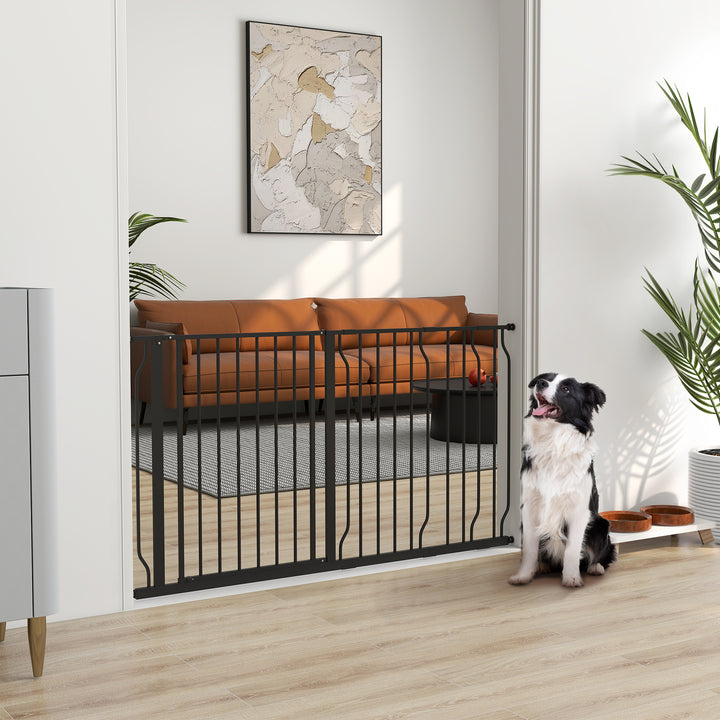 Barreira de Segurança para Cães Extensível com 3 Extensões Montagem a Pressão Duplo Bloqueio para Porta Corredor Escada 75-145x76 cm Preto