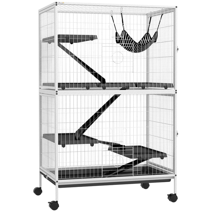 Gaiola para Roedores 80x52x128 cm Casa de 4 Alturas com Rampas Suspensa Rede Bandeja Removível Rodas Portas Branco Rajado e Preto