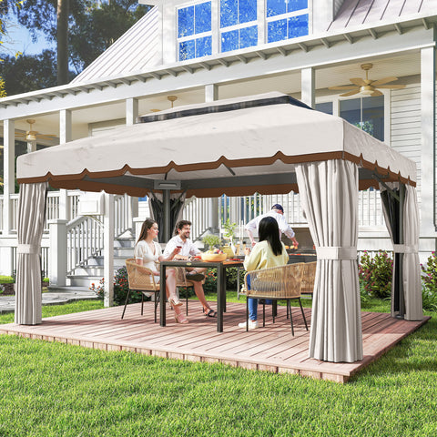 Pérgola de Jardim 390x290x270 cm Pérgola de Alumínio com Teto com Ventilação 4 Cortinas Laterais 4 Telas Mosquiteiras e 8 Orifícios de Drenagem para Festas Eventos Exterior Creme