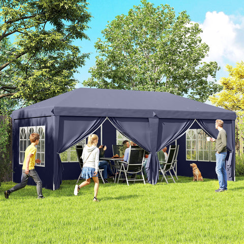 Tenda para Festas 585x295x270 cm com Paredes Laterais Amovíveis Tenda Dobrável com 2 Portas com Fecho de Correr 4 Janelas e Bolsa de Transporte Azul