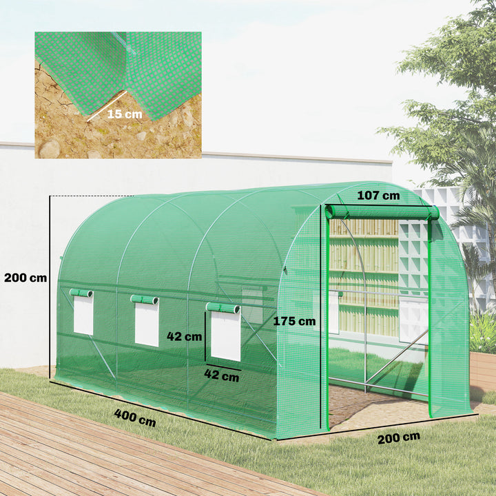 Estufa de Jardim 400x200x200cm Estufa de Túnel com Portas Enroláveis e 6 Janelas Cobertura de PE 140 g/m² Estrutura de Metal para Cultivo de Plantas Verduras Verde