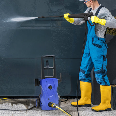 Lavadora de Alta Pressão 1600W Caudal 432 L/h Bomba de Alumínio Pressão de 135 Bar Mangueira de 6 m Inclui Garrafas de Sabão Bocal Escova 32x24x65 cm Azul