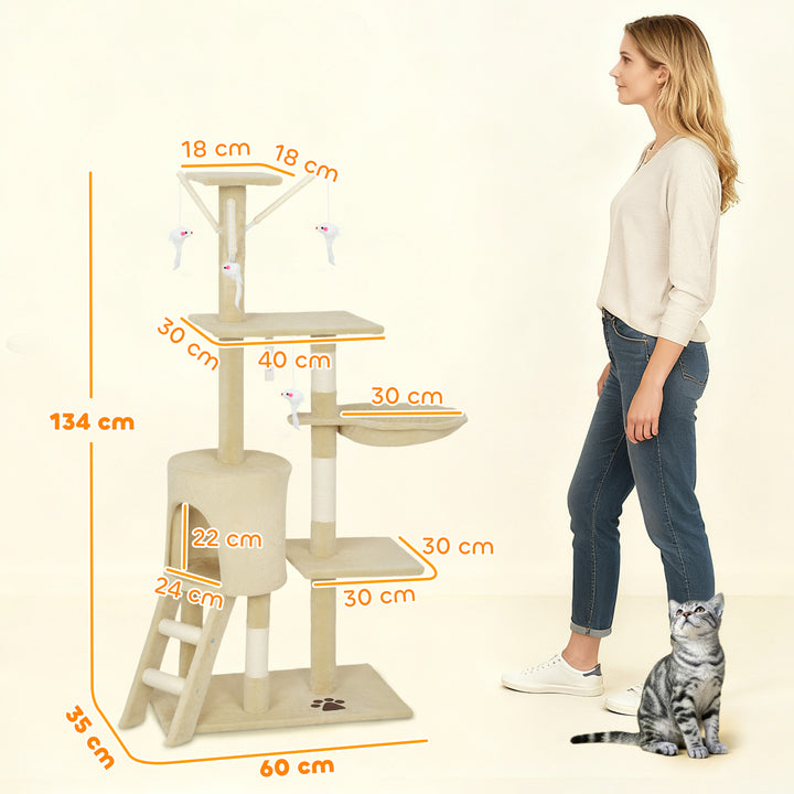 Arranhador para Gatos de 134 cm Torre para Gatos com Caverna Plataformas Rato de Brinquedo Rede e Postes de Sisal 60x35x134 cm Bege