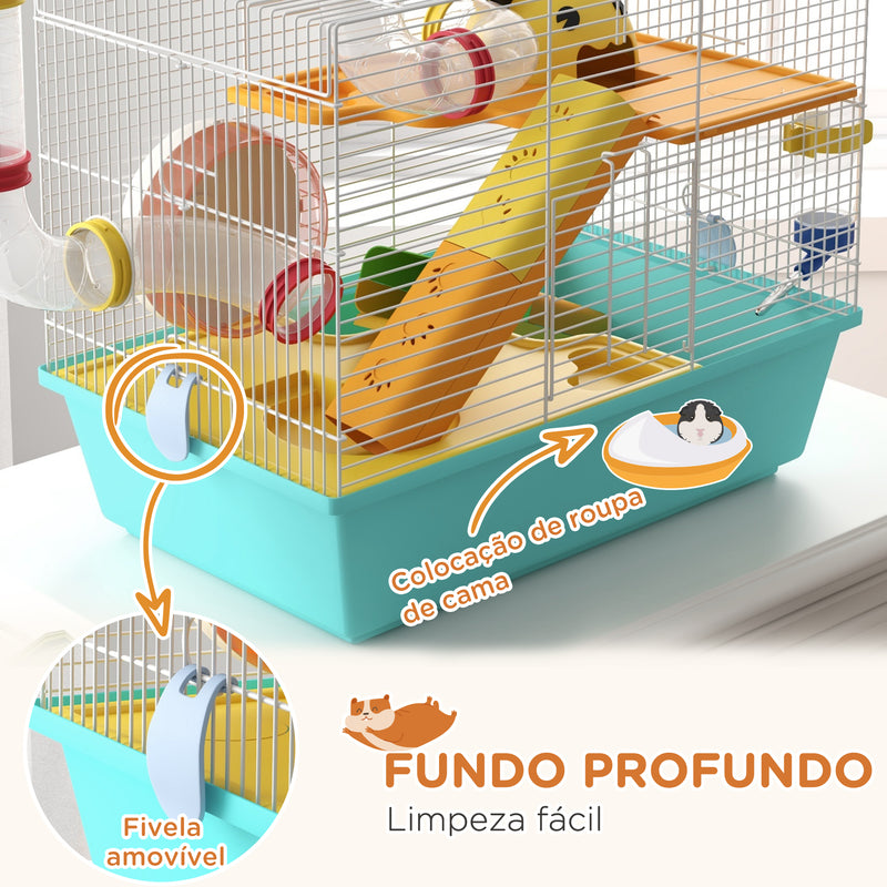 Gaiola para Hamsters Gaiola para Animais Pequenos com Túnel Plataformas Comedouro Bebedouro Casinha Rampas e Roda de Exercício 45x28x37 cm Azul Claro