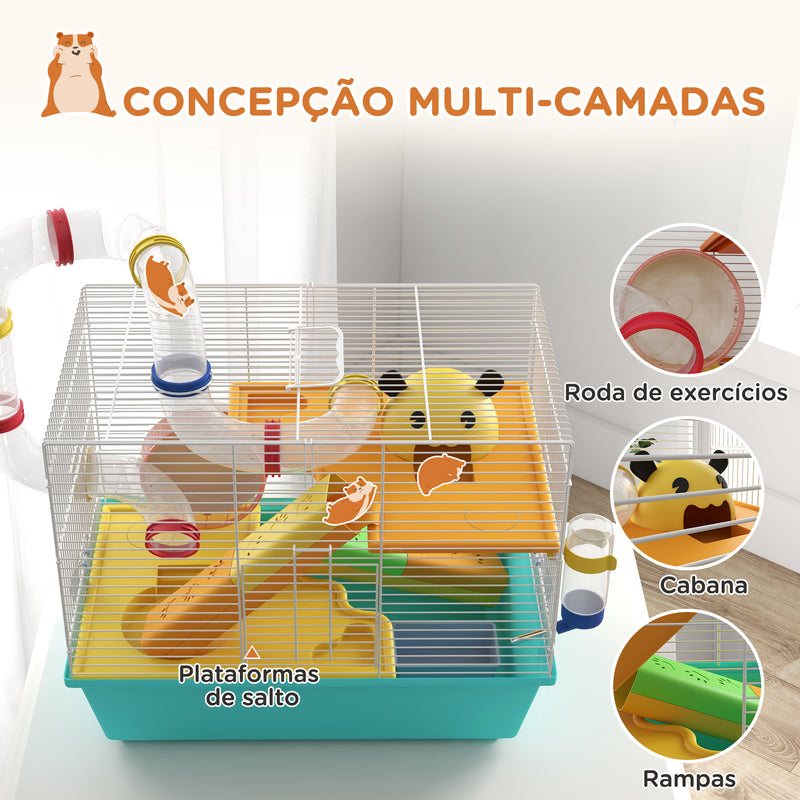 Gaiola para Hamsters Gaiola para Animais Pequenos com Túnel Plataformas Comedouro Bebedouro Casinha Rampas e Roda de Exercício 45x28x37 cm Azul Claro