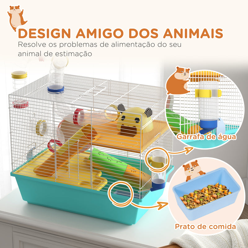 Gaiola para Hamsters Gaiola para Animais Pequenos com Túnel Plataformas Comedouro Bebedouro Casinha Rampas e Roda de Exercício 45x28x37 cm Azul Claro