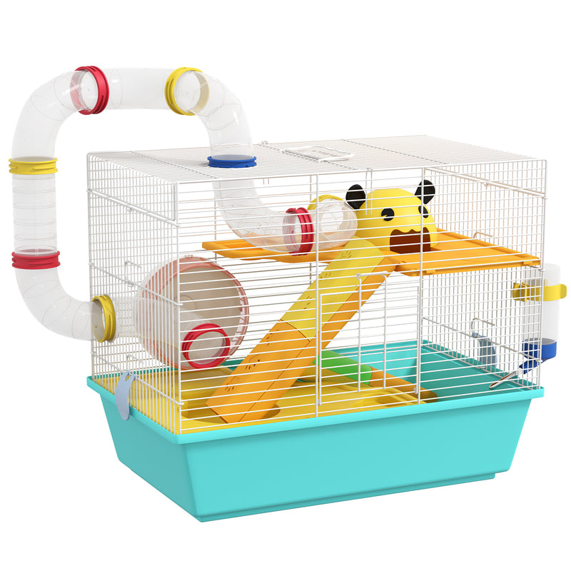 Gaiola para Hamsters Gaiola para Animais Pequenos com Túnel Plataformas Comedouro Bebedouro Casinha Rampas e Roda de Exercício 45x28x37 cm Azul Claro