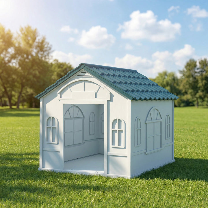 Casa para Cães 65x75,7x63 cm Casa para Cães com Janelas e Teto com Telhas de Imitação para Cães Médios Azul e Branco
