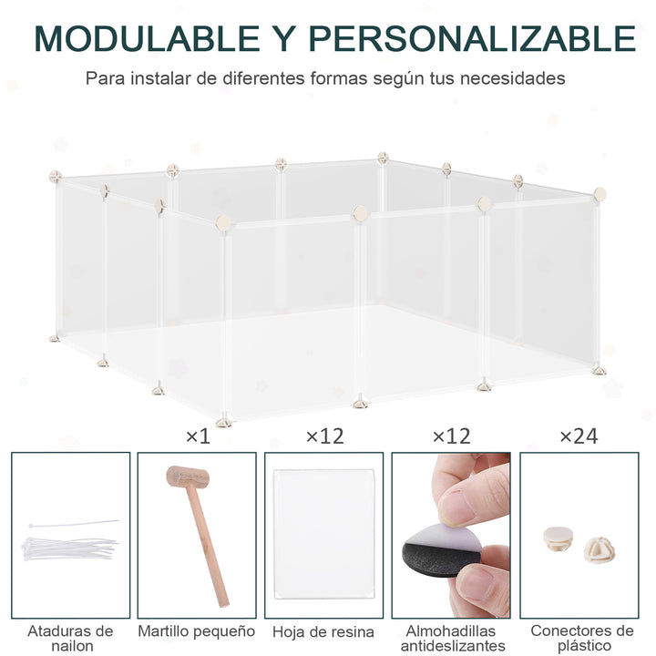 Cerca para Pequenos Animais Gaiola Modular de Metal com 12 painéis e 24 conectores para coelhos, porquinhos-da-índia 105x105x45 cm Branco