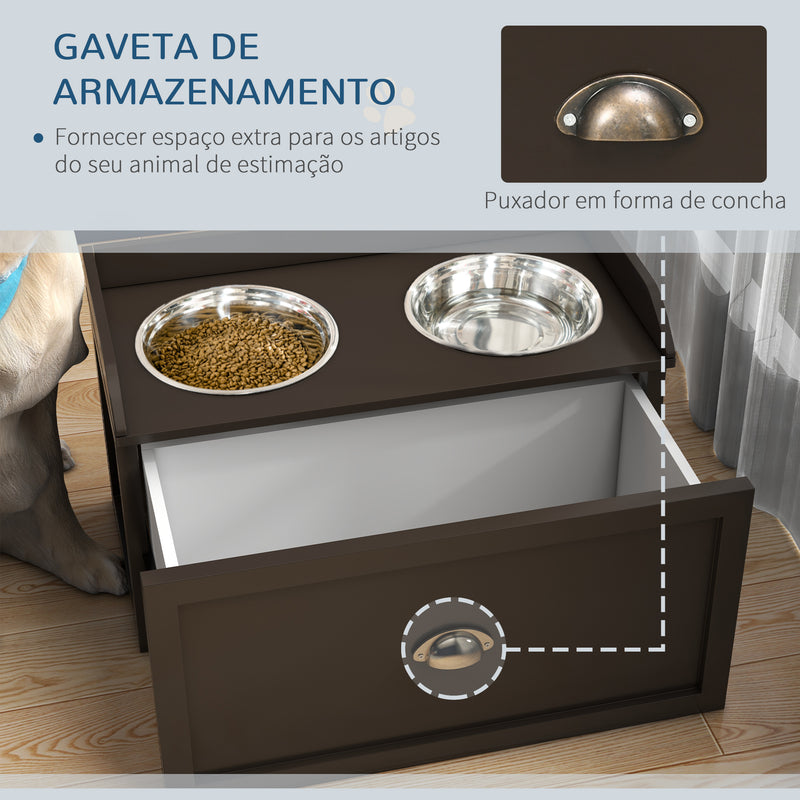 Comedouro Elevado para Cães Comedouro para Cães com 2 Tigelas 2000ml de Aço Inoxidável Gaveta Oculta com Suporte de Madeira para Animais de Estimação 60x30x36cm Marrom Escuro