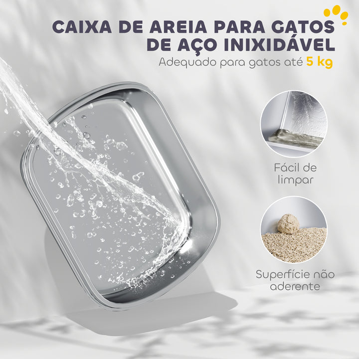 Caixa de Areia para Gatos em Aço Inoxidável L com Tampa Rebatível Pá Metálica Saco Desodorizante Fácil de Limpar Antifugas Branco
