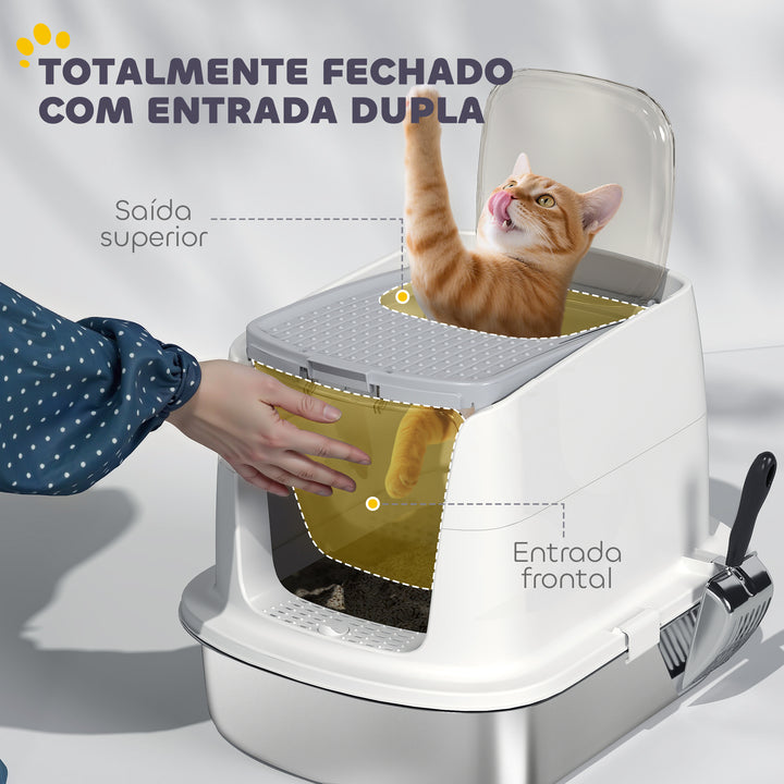 Caixa de Areia para Gatos em Aço Inoxidável L com Tampa Rebatível Pá Metálica Saco Desodorizante Fácil de Limpar Antifugas Branco