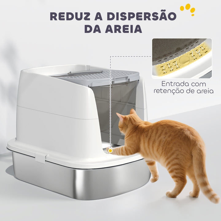Caixa de Areia para Gatos em Aço Inoxidável L com Tampa Rebatível Pá Metálica Saco Desodorizante Fácil de Limpar Antifugas Branco