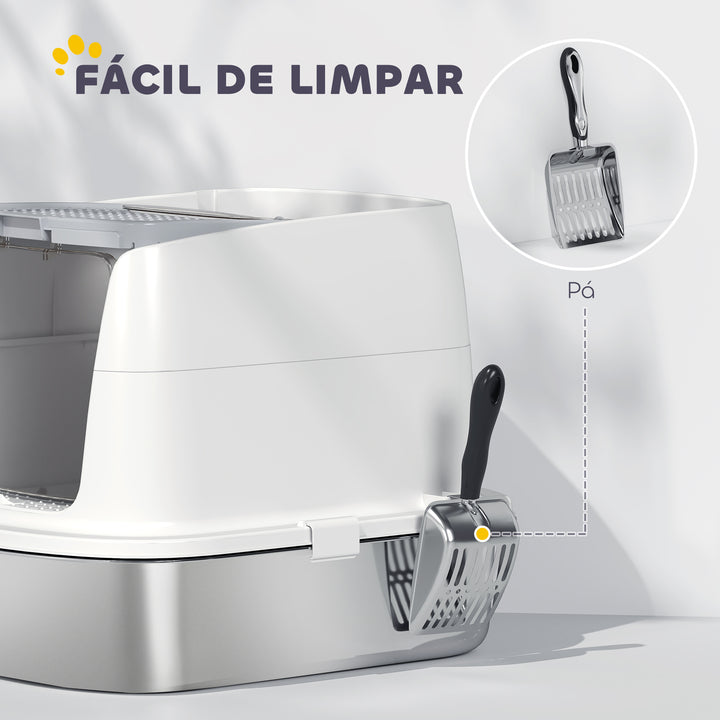 Caixa de Areia para Gatos em Aço Inoxidável L com Tampa Rebatível Pá Metálica Saco Desodorizante Fácil de Limpar Antifugas Branco