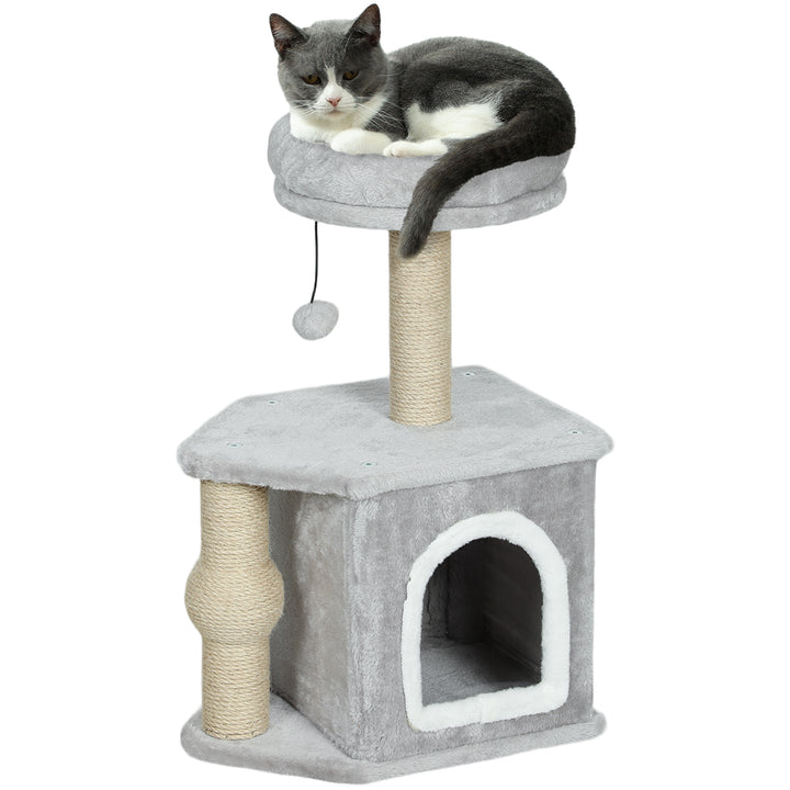Arranhador para Gatos Altura 66 cm Arranhador para Gatos com Cama Caverna Plataforma Bola Suspensa e Poste de Juta 42x30x66 cm Cinza