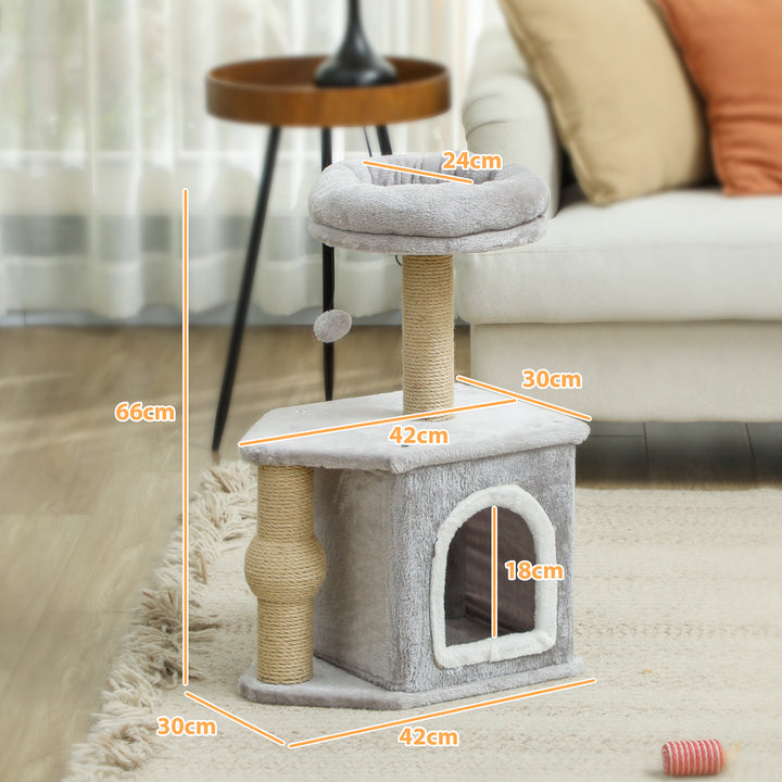 Arranhador para Gatos Altura 66 cm Arranhador para Gatos com Cama Caverna Plataforma Bola Suspensa e Poste de Juta 42x30x66 cm Cinza