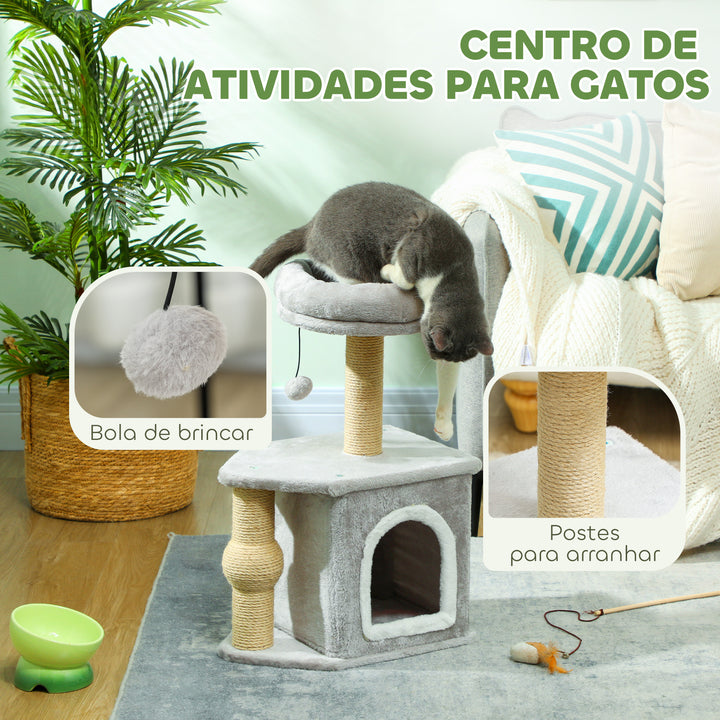 Arranhador para Gatos Altura 66 cm Arranhador para Gatos com Cama Caverna Plataforma Bola Suspensa e Poste de Juta 42x30x66 cm Cinza