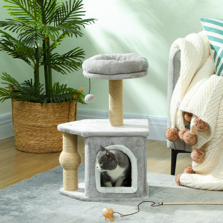 Arranhador para Gatos Altura 66 cm Arranhador para Gatos com Cama Caverna Plataforma Bola Suspensa e Poste de Juta 42x30x66 cm Cinza