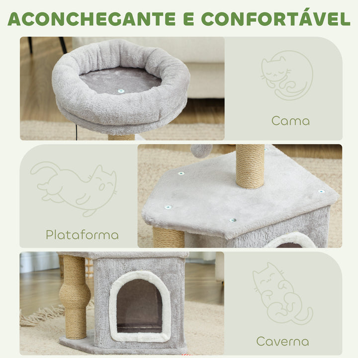 Arranhador para Gatos Altura 66 cm Arranhador para Gatos com Cama Caverna Plataforma Bola Suspensa e Poste de Juta 42x30x66 cm Cinza