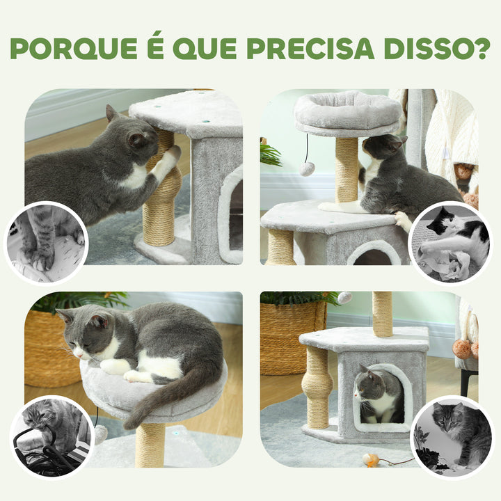 Arranhador para Gatos Altura 66 cm Arranhador para Gatos com Cama Caverna Plataforma Bola Suspensa e Poste de Juta 42x30x66 cm Cinza