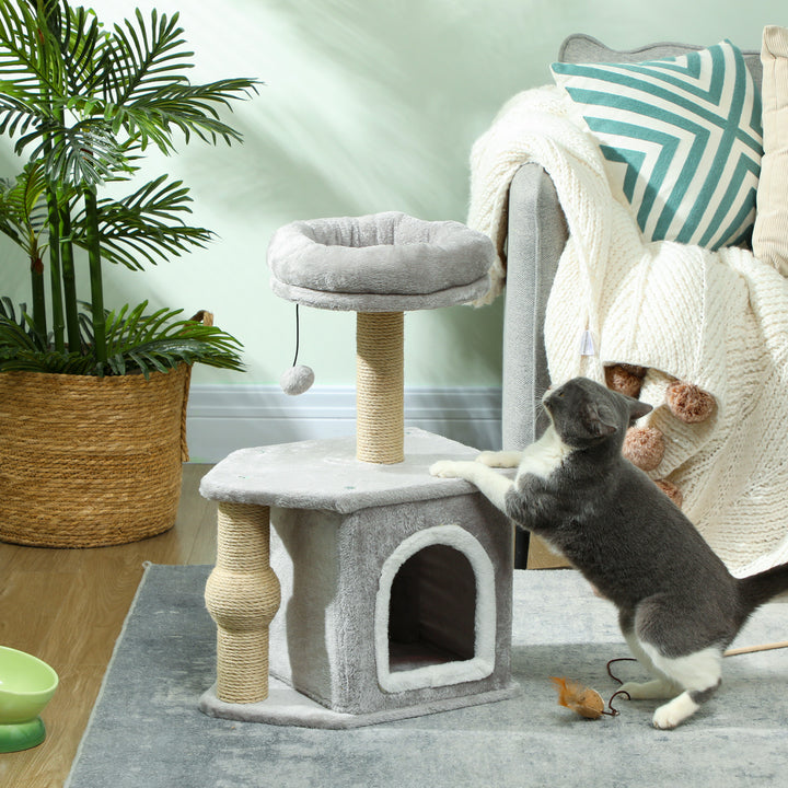Arranhador para Gatos Altura 66 cm Arranhador para Gatos com Cama Caverna Plataforma Bola Suspensa e Poste de Juta 42x30x66 cm Cinza