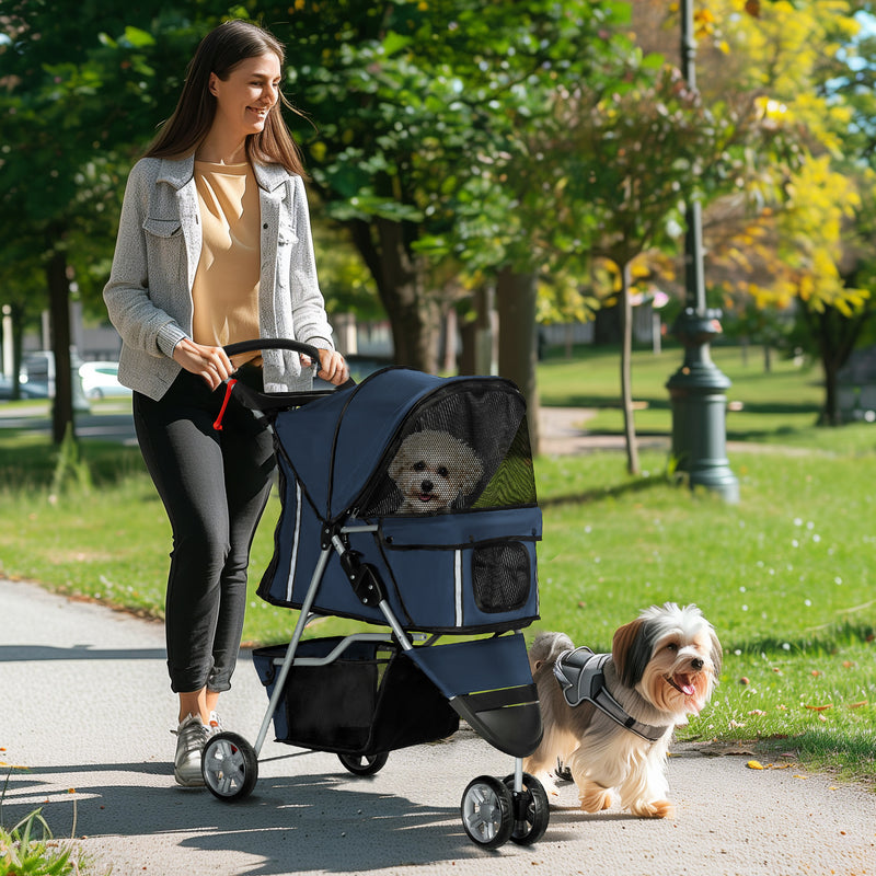 Carrinho para Animais de Estimação Dobrável Carrinho para Cães e Gatos com Rodas Giratórias Cesto e Suporte para Copos 75x45x97 cm Azul Escuro