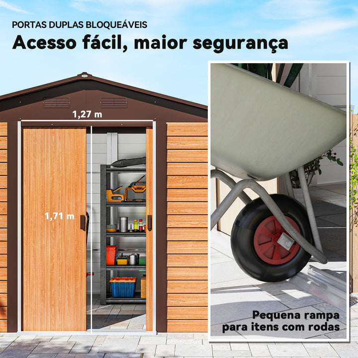 Abrigo de Jardim Exterior 4,84m² 278x195x215 cm Abrigo de Jardim Metálico com 2 Portas de Correr e 4 Janelas de Ventilação para Armazenamento de Ferramentas Madeira e Marrom