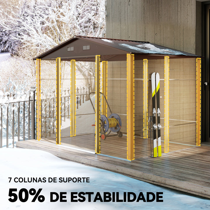 Abrigo de Jardim Exterior 4,84m² 278x195x215 cm Abrigo de Jardim Metálico com 2 Portas de Correr e 4 Janelas de Ventilação para Armazenamento de Ferramentas Madeira e Marrom