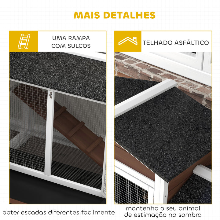 Casota para Coelhos de Madeira com Rodas 157,4x53x99,5 cm Gaiola Grande com Telhado Asfáltico, Tabuleiros Removíveis e Rampa para Exterior e Interior Castanho