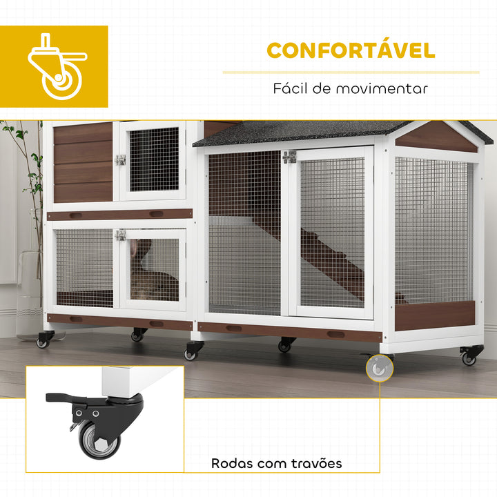 Casota para Coelhos de Madeira com Rodas 157,4x53x99,5 cm Gaiola Grande com Telhado Asfáltico, Tabuleiros Removíveis e Rampa para Exterior e Interior Castanho
