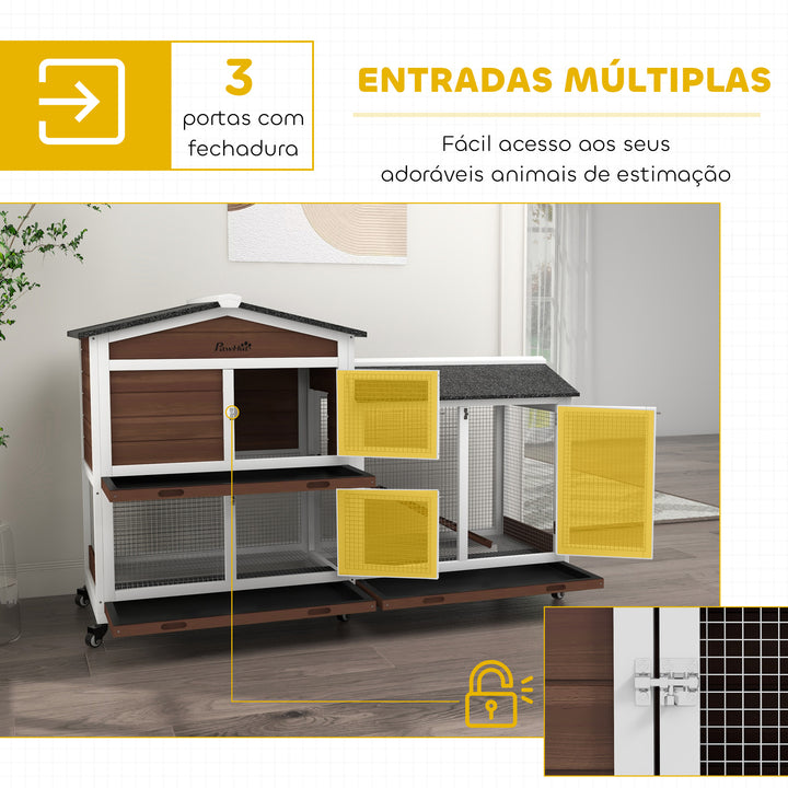 Casota para Coelhos de Madeira com Rodas 157,4x53x99,5 cm Gaiola Grande com Telhado Asfáltico, Tabuleiros Removíveis e Rampa para Exterior e Interior Castanho