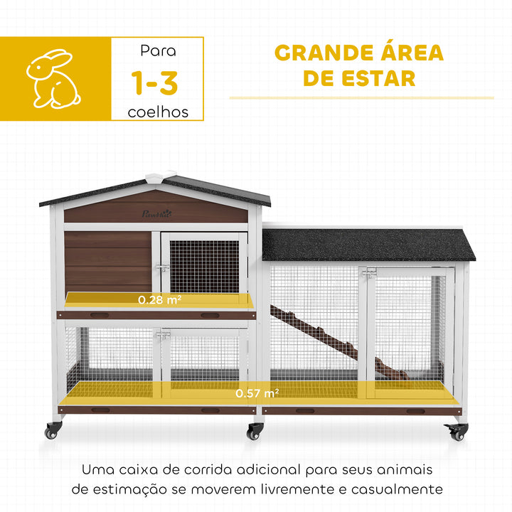 Casota para Coelhos de Madeira com Rodas 157,4x53x99,5 cm Gaiola Grande com Telhado Asfáltico, Tabuleiros Removíveis e Rampa para Exterior e Interior Castanho
