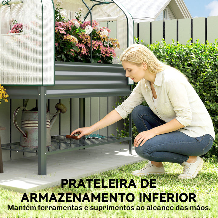 Mesa de Cultivo com Cobertura de Estufa de 140 g/m² PE Mesa de Cultivo em Metal Galvanizado com Prateleira Inferior e Forro para Plantação Plantas e Flores 120x55x140 cm Cinzento Escuro